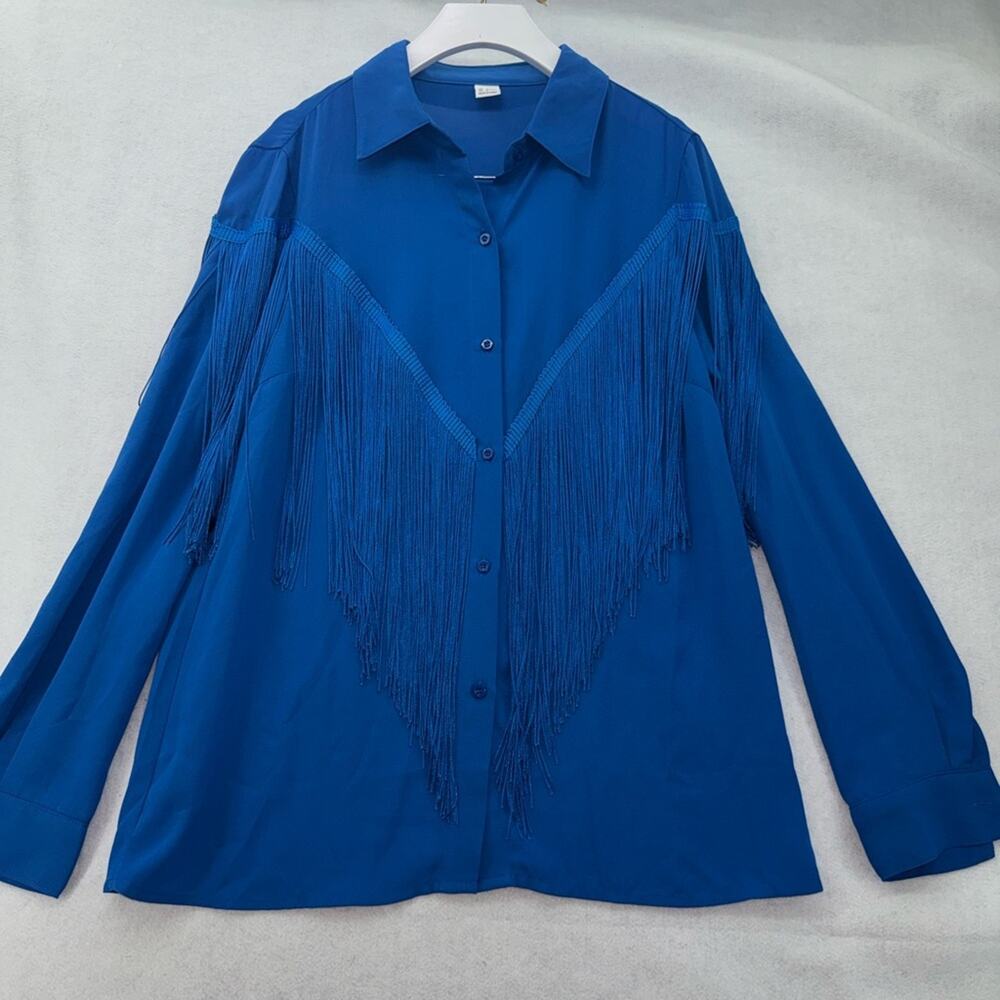 EUC Women’s Blue Western Cowboy Fringe Long Sleeve Shirt size Small